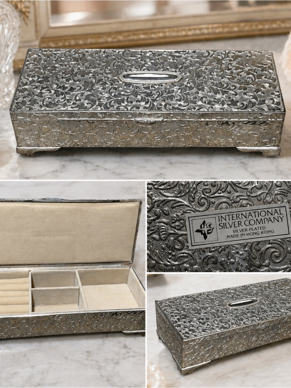 International Silver Jewelry Box Engraved Floral Trinket Vanity VTG Silverplate